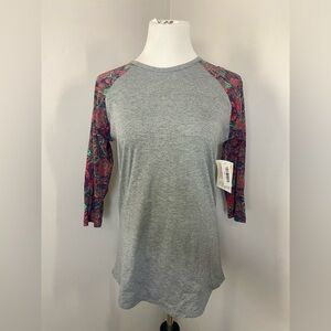 LuLaRoe Randy Tee Shirt NWT 3/4 Raglan Knit Sleeve Gray Purple Multicolor Floral